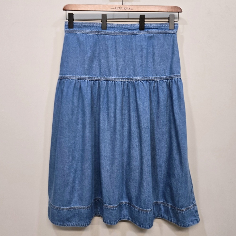 Boden Denim Midi Skirt 14 Blue Tiered Cotton Tencel Blend Cottagecore Western